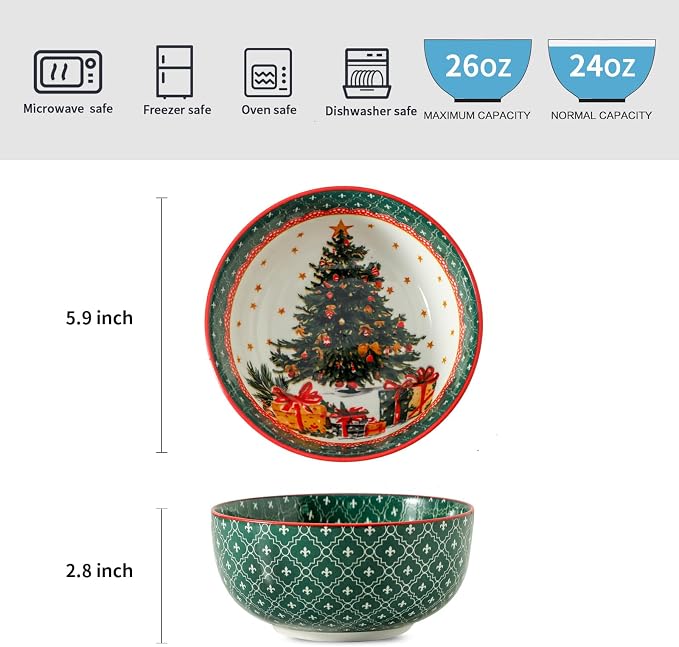 glowworm Cereal Bowls, 26 Oz Soup Bowls Set of 6, Deep Bowls Set for Rice, Oatmeal, Dessert, Dishwasher & Microwave Safe, Green Tree