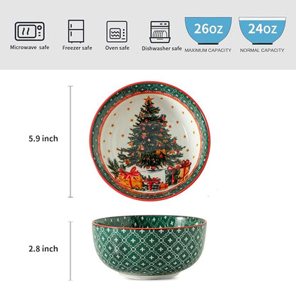 glowworm Cereal Bowls, 26 Oz Soup Bowls Set of 6, Deep Bowls Set for Rice, Oatmeal, Dessert, Dishwasher & Microwave Safe, Green Tree