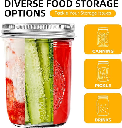 Miuyhji Mason Jars 16 oz with Lids, 12Pcs Wide Mouth Glass Canning Jars with Airtight Lids and Bands, Overnight Oats Containers for Pickling, Freezing, Preserving, Meal Prep, Jar Décor