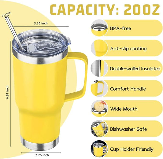20 oz Tumbler with Handle Stainless Steel Insulated Coffee Mug Tumbler with Lid and Straw Double Wall Vacuum Insulated Coffee Mug Leak Proof Travel Mug Tumbler for Hot and Cold Drink (Mix Color-1)