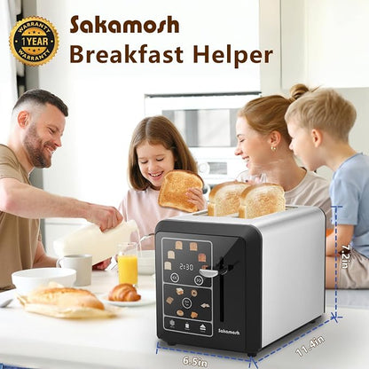 SAKAMOSH Smart Toaster 2 Slice, Touch Screen, Digital Toasters with 6 Browning Levels & 6 Bread Types, Bagel, Extra Long Wide Slots, Memory Function, Timer, 800W, Stainless Steel