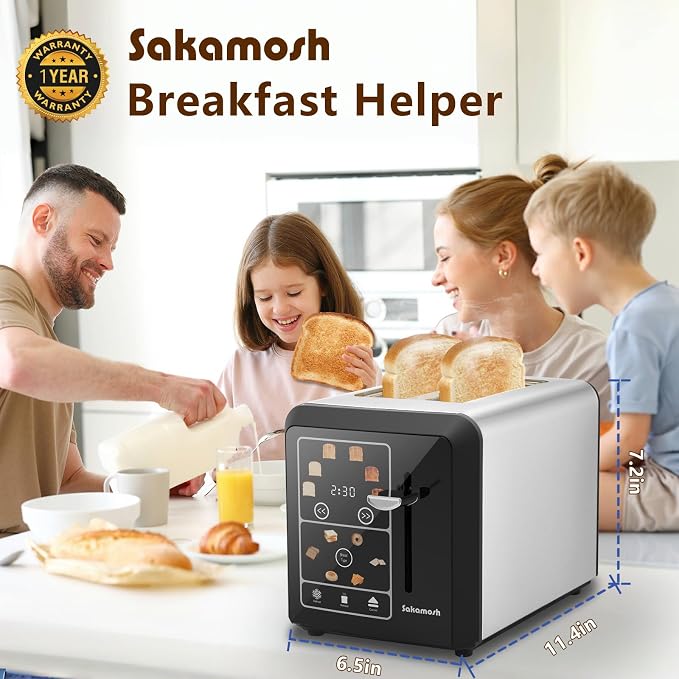 SAKAMOSH 2 Slice Touch Screen Toaster 1.3" Wide Slots for Bagels, Smart Digital Display Toaster with 6 Browning Levels & 6 Bread Types, Memory, Defrost, Reheat, Stainless Steel, 800W