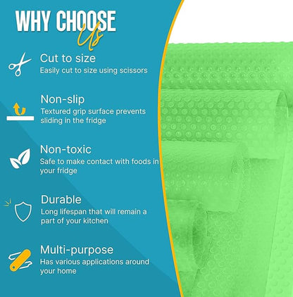 Refrigerator Liners for Shelves by Linda’s Essentials - Easy to Clean Fridge Liner with Spill Protection Fridge Shelf Liners & Drawer Liner, Nonslip BPA-Free Refrigerator Mats (Green Roll)