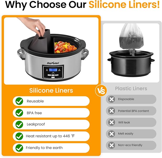 Programmable Slow Cooker, Multi-Cooker with 2 in 1 Silicone Slow Cooker Liners, 6 QT Food Warmer with Digital Timer, 3 Adjustable Temp & Dishwasher Safe Parts, Stainless Steel, Silver