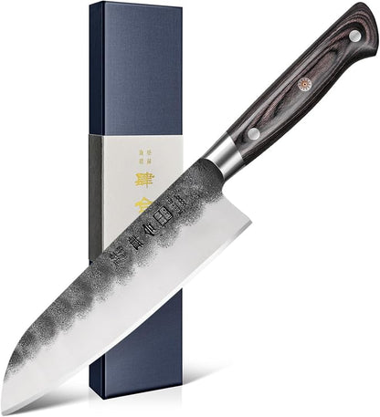 kanngou 7 Inch Santoku Knife, Black Forged Japanese Chef Knife with AUS-8 Alloy Steel, Japanese Santoku Knife with Full Tang Pakkawood Handle, Christmas Gift with Premium Box (7 Inch Santoku Knife)