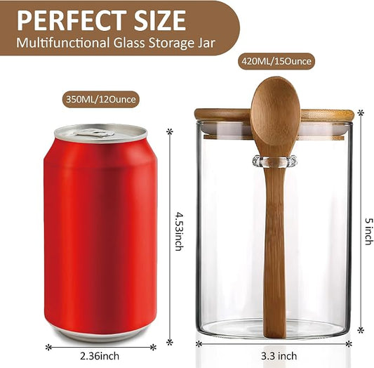 2 Pack Glass Storage Canister with with Airtight Lid, 15 oz/450 ml Small Clear Decorative Container Jar with Wooden Spoon for Coffee Spice Candy Salt Cookie Sugar Matcha Tea Overnight Oats