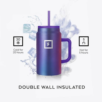 IRON °FLASK Co-Pilot Insulated Mug w/Straw & Flip Cap Lids - Cup Holder Bottle for Hot, Cold Drink - Leak-Proof - Water, Coffee Portable Travel Mug - Sage, 50 Oz