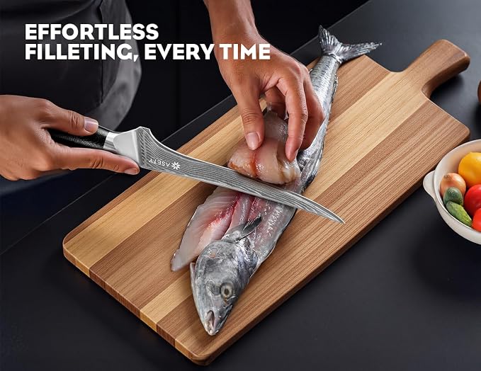 Damascus Fillet knife 7 Inch - Ultra-Sharp Fillet Knife for Fish and Meat, Professional Japanese Boning Style with VG10 Steel Core, Full Tang G10 Handle, Elegant Box