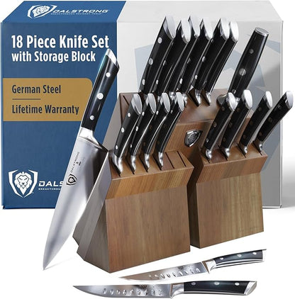 Dalstrong 18-Piece Gladiator Colossal Knife Block Set — German High-Carbon Steel, Full-Tang, Hand-Sharpened — For Home Chefs, Wedding Registries & Serious Kitchens — Acacia Wood Block, NSF Certified