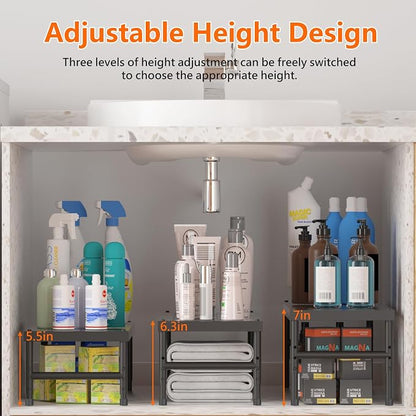 2 Pack Expandable adjustable stackable kitchen organizer,Spice Racks,Counter Shelf for Cabinets,Small Cupboard Organizers,Heavy Duty Metal Pantry Storage Shelves Racks for kitchen,cabinet, bathroom