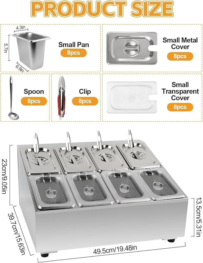 Pizza Topping Station Pizza Storage Container Topping containers with Lids Spoon Condiment Organizers Buffet Containers Set for Restaurant Pizza Sauce Jam Fruit Ingredient Pantry (8 Pans)