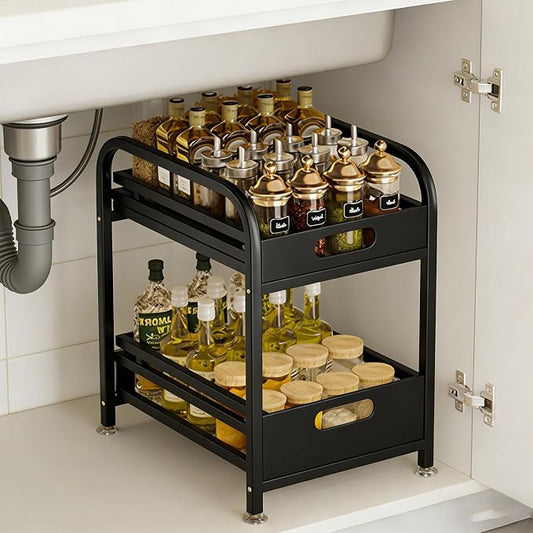 2 Tier Pull-out Storage Organizer, Slide Out Kitchen Cabinet Storage Sliding Shelves, Under Sink Organizers Drawer, Multi-Purpose Storage Rack for Kitchen Pantry, Bathroom Countertop Storage (Black)