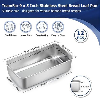 TeamFar Loaf Pans for Baking, 9 x 5 Inch Stainless Steel Loaf Bread Pans Tins for Homemade Bread/Brownies, Healthy & Sturdy, Oven & Dishwasher Safe - Set of 12