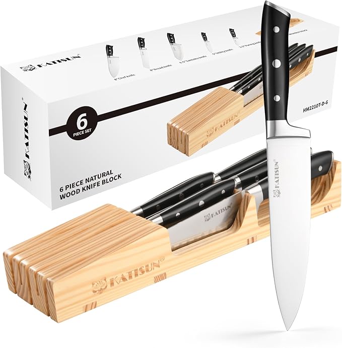 In-Drawer Knife Block with 5 Pieces Knives, Bamboo Knife Drawer Organizer for Kitchen, Perfect for Home and Chefs, Premium Knife Holder, Slots for 5 Knives Kitchen Drawer, Counter Top