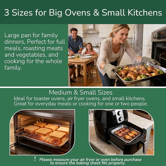 18/0 Stainless Steel Baking Sheet with Cooling Rack, Oven-Safe Non-Toxic Cookie Sheets for Baking, Set of 6, Coating Free & Rust Resistant for Healthy Family Baking, Easy to Clean, Heavy-Duty