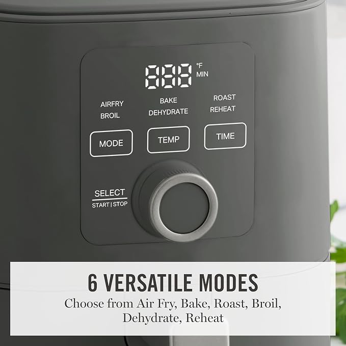 Martha Stewart 6QT Air Fryer, 6-in-1, Bake, Broil, Roast, Air Fry, Dehydrate, Reheat, Ceramic Non-Stick Basket, Crispy Results Fast, 400°F Max Temp, Shake Reminder, Caviar Gray