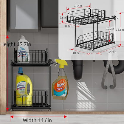 SUEH DESIGN Under Sink Organizers and Storage, 2 Pack | 2 Tier Metal, Hanging Rail, Kitchen Bathroom Cabinet Organizer