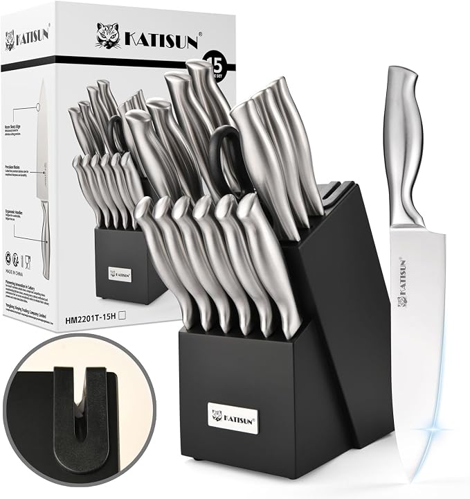 Knife Set, 15-Piece Kitchen Knife Block Sets with Built-in Sharpener, German Stainless Steel Knife Block Set, Dishwasher Safe