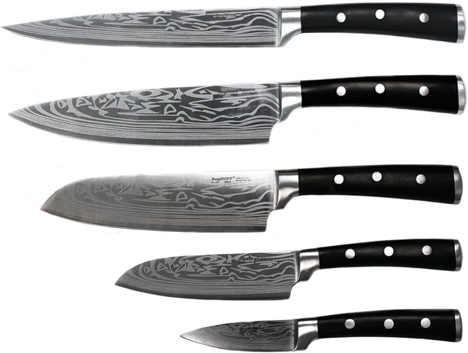 Berghoff Antigua 5Pc Knives With Case German Steel Etched Blade Ergonomically Designed Triple-riveted Handle Sharp & Well Balanced Satin Finish