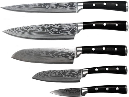 Berghoff Antigua 5Pc Knives With Case German Steel Etched Blade Ergonomically Designed Triple-riveted Handle Sharp & Well Balanced Satin Finish