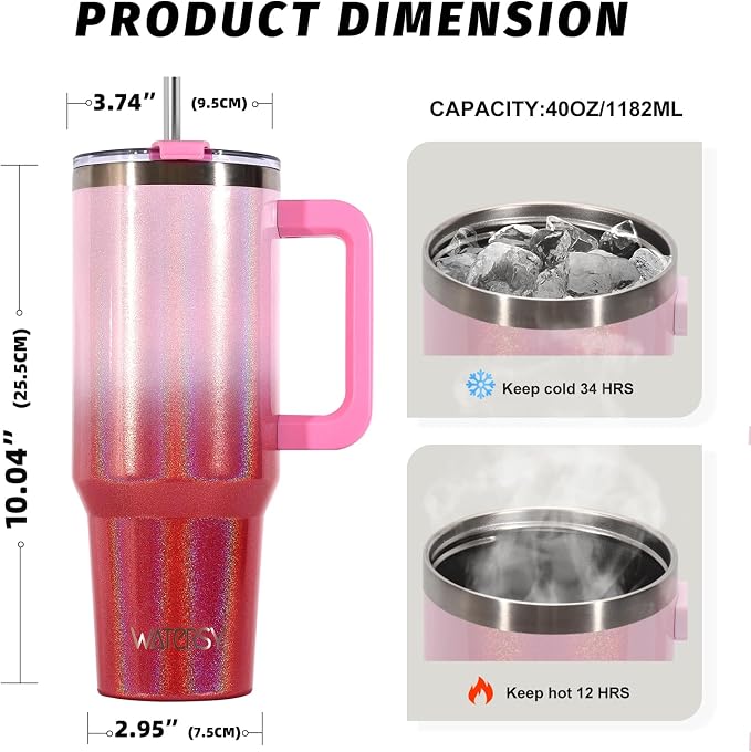 40 oz Shiny Tumbler with Handle and Straw,Stainless Steel Tumbler with Lid and Straw,Insulated Travel Mug(Cold for 34 Hours),Water Bottle for Iced Tea,Coffee (Red)