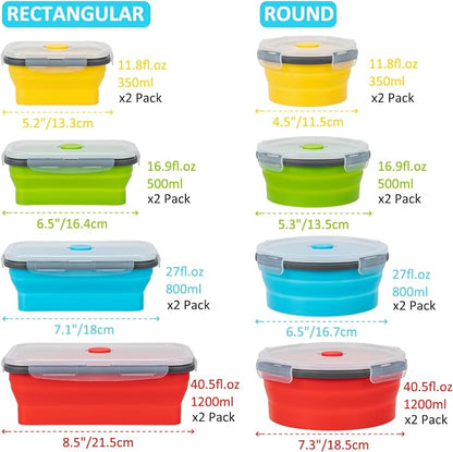 Collapsible Food Storage Containers with Lid & Air Vent, 16 Pack, 8 Rectangular + 8 Round, Annaklin Foldable Silicone Lunch Containers Collapsible Bowls Set, Microwave Freezer Dishwasher Safe, 4-Color