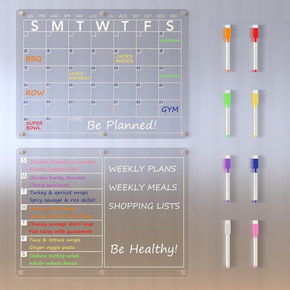 Neatsure Acrylic Magnetic Dry Erase Board Calendar for Fridge, Clear Monthly and Weekly Meal Planner Whiteboard Refrigerator, Menu Board for Kitchen, w/ 8 Colors Markers, 15"x11"