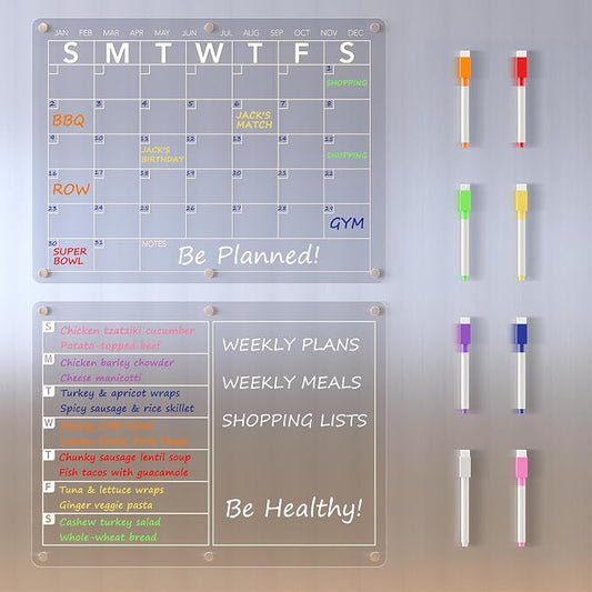 Neatsure Acrylic Magnetic Dry Erase Board Calendar for Fridge, Clear Monthly and Weekly Meal Planner Whiteboard Refrigerator, Menu Board for Kitchen, w/ 8 Colors Markers, 15"x11"