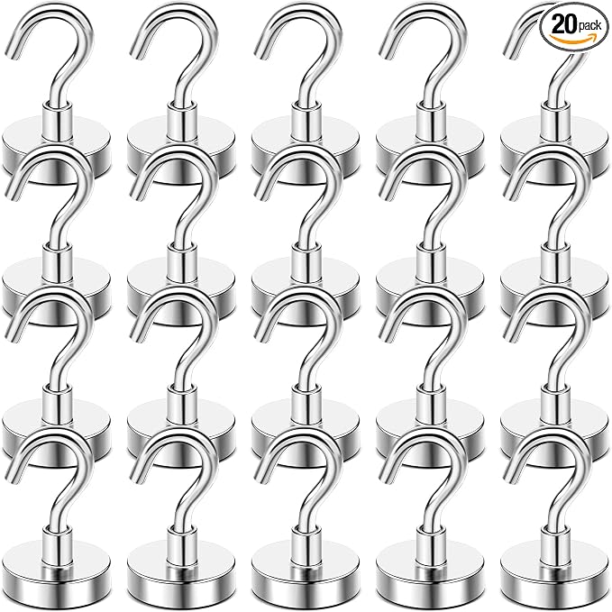 DIYMAG Magnetic Hooks, 50 LB Heavy Duty Magnet with Hook,20 Packs Strong Rare Earth Neodymium Magnets for Hanging, Magnetics Hanger for Curtain, Home, Kitchen, Workplace