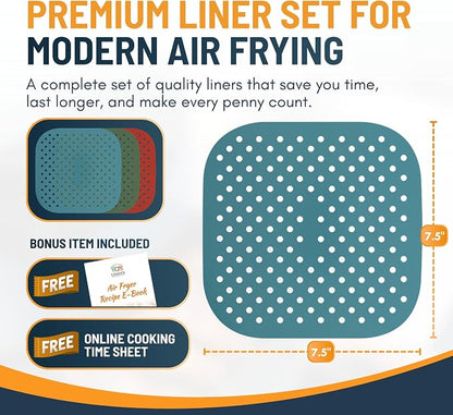 Reusable Square Silicone Air Fryer Liners (7.5 Inch, 3 Pack) by Linda’s Essentials - Non-Stick, Easy-Clean Accessories with Cheat Sheet & Recipe Book, Perfect for Quick Meals