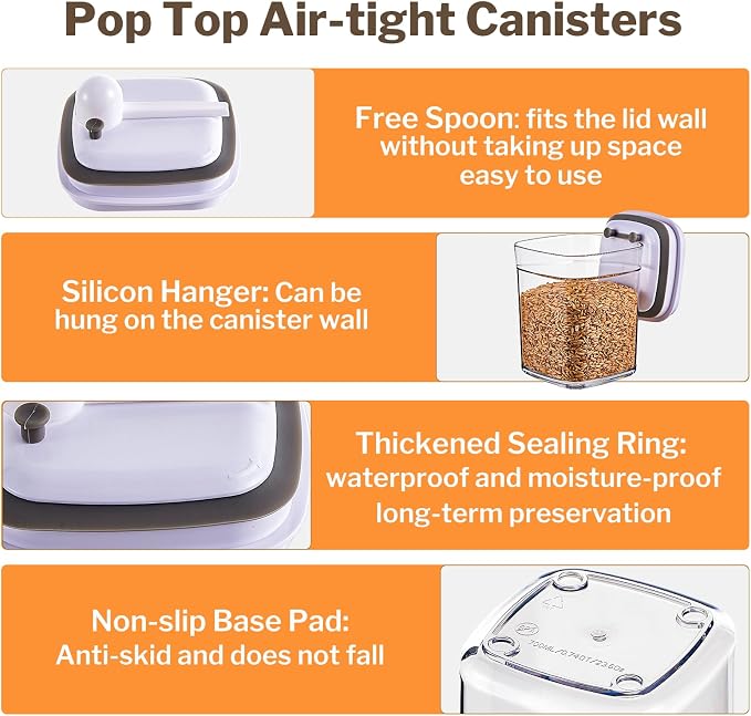 UFORU Pop Top Food Storage Container Set | 6Pcs Airtight Cereal Storage Organizer Canisters with Pop Lids, BPA-Free, Vacuum Seal & One-button Opening, Stackable Pantry Containers for Dry Food Storage