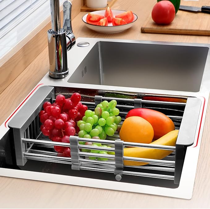 Dish Drying Rack, Adjustable Stainless Steel Drainer Basket Drain Tray for Dishes, Vegetables, and Fruit, On or in Sink Kitchen Basket Dish Drying Rack-Grey