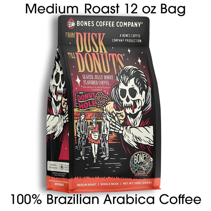 Bones Coffee Company From Dusk Till Donuts Jelly Donuts Flavored Coffee, Medium Roast Low Acid Arabica Beans Compatible with Auto drip and French Press Coffee Maker, 12 Oz Ground