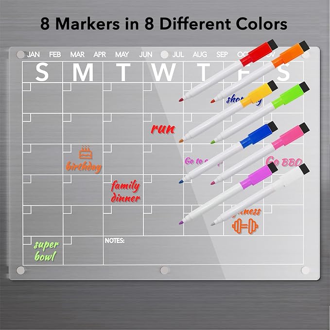 Neatsure Acrylic Magnetic Dry Erase Board Calendar for Fridge, Clear Monthly Planner Whiteboard for Refrigerator, w/ 8 Colors Markers, 15"x11"