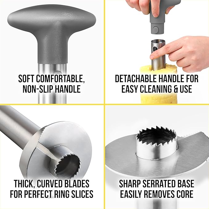 Zulay Kitchen Pineapple Corer and Slicer Tool – Stainless Steel Pineapple Cutter with Eye Remover Tool – Ergonomic Handle & Easy Core Remover – Reinforced Heavy-Duty Blade – Gray