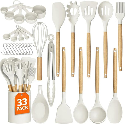 WISELIFE Kitchen Utensils Set - 33 PCS, Heat-Resistant Silicone Cooking Utensils Set with Wooden Handle, BPA-Free Kitchen Gadgets Spatula Sets with Holder for Nonstick Cookware (White)