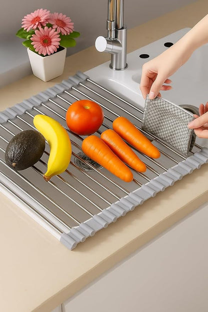 Over Sink Dish Dryng Rack - Roll Up Stainless Stell & Silicone Drying mat, Heat Resistant, Non-Slip & Foldable, Space Saving Kitchen Organizer (17.3"x 15.7")