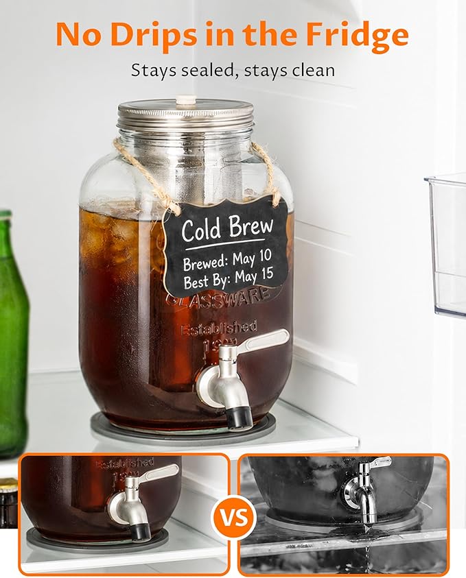 1 Gallon Cold Brew Coffee Maker – Heavy Duty Glass Iced Coffee Maker with Stainless Steel Filter, 128oz Mason Jar Cold Brew Pitcher with Spigot Perfect for Iced Coffee, Cold Brew, and Iced Tea Brewing