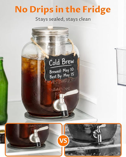 1 Gallon Cold Brew Coffee Maker – Heavy Duty Glass Iced Coffee Maker with Stainless Steel Filter, 128oz Mason Jar Cold Brew Pitcher with Spigot Perfect for Iced Coffee, Cold Brew, and Iced Tea Brewing