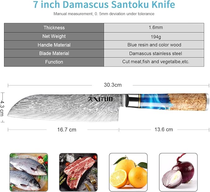 XITUO 7-Inch Santoku Knife, 67-Layer Japanese Damascus Steel Chef Knife, Ultra Sharp Kitchen Knife with Ergonomic Blue Resin & Wood Handle, Gift Box