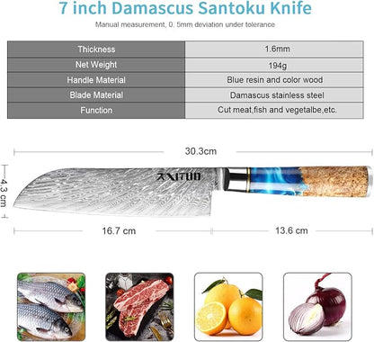 XITUO 7-Inch Santoku Knife, 67-Layer Japanese Damascus Steel Chef Knife, Ultra Sharp Kitchen Knife with Ergonomic Blue Resin & Wood Handle, Gift Box