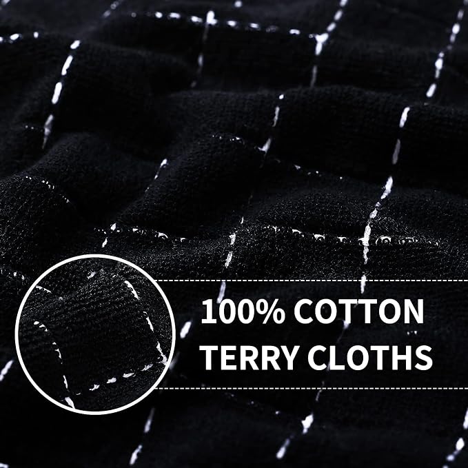 Homaxy 100% Cotton Terry Kitchen Towels(Black, 13 x 28 inches), Checkered Designed, Soft and Super Absorbent Dish Towels, 6 Pack