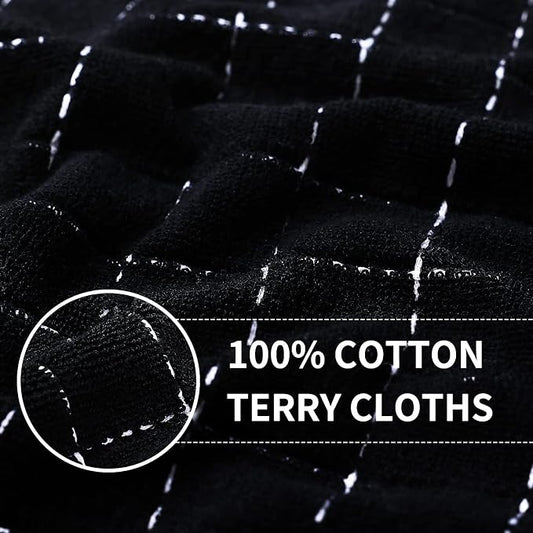 Homaxy 100% Cotton Terry Kitchen Towels(Black, 13 x 28 inches), Checkered Designed, Soft and Super Absorbent Dish Towels, 12 Pack