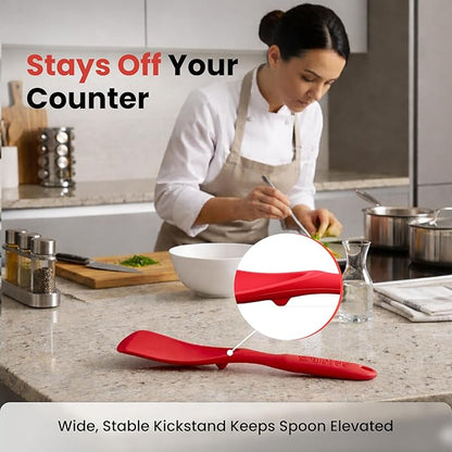 Silicone Spoon Spatula for Cooking - Multifunction Scoop Spatula Spoonula - Heat Resistant Cooking Spoon for Nonstick Cookware - Large Silicone Kitchen Spoon - Seamless Design (Red,1pc)