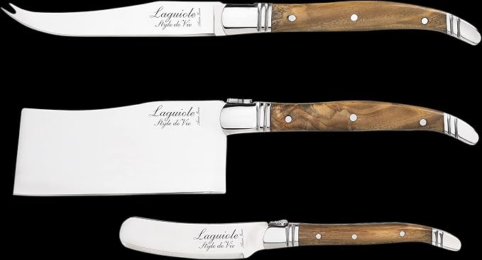 Laguiole Style De Vie Cheese Knives, Luxury Line, Olive Wood, Set of 3 Pieces, Giftbox Included
