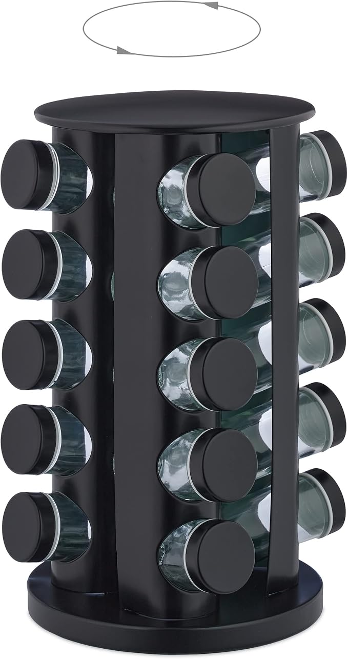 Relaxdays Spice Carousel with 20 Spice Jars, Includes Shaker Insert, Rotating Refillable Spice Rack for Kitchen, Black
