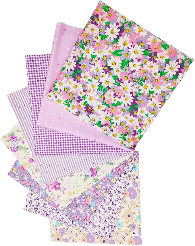 8 pcs/lot Fabric Bundles Top Cotton 19.69" x 19.69" (50cm x 50cm) Quilt, Pre-Cut Squares Sheets for Patchwork Sewing Quilting Crafting, Purple Floral.