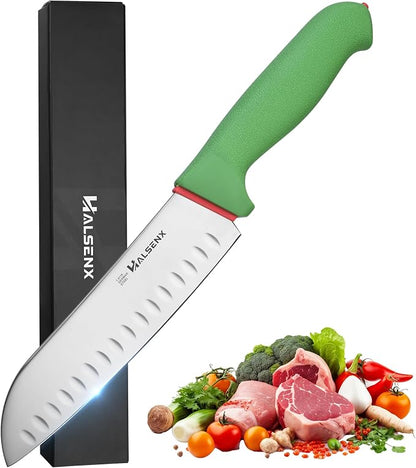 Santoku Knife 7 Inch – High Carbon Stainless Steel with Fluted Edge & Non-Slip Softgrip Handle, Multi-Purpose Kitchen Knife for Vegetable Chopping, Precise Dicing, Meat Slicing (Green)