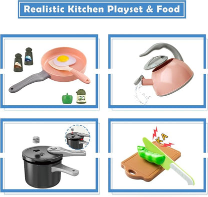 Bruvoalon 67Pcs Kids Play Kitchen Toys Set, Toddlers Pretend Cooking Playset Acccessories with Pots Pans, Utensils Cookware, Foods, Canned Veges, Learning Gift for Kids Girls Boys (Pink)