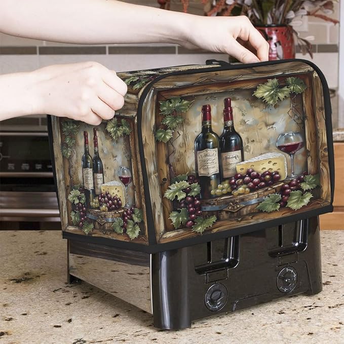 Wine Toaster Cover 4 Slice Wide Slot Washable Toaster Covers | Rustic Wood Dust and Fingerprint Protection Bread Maker Covers for Kitchen Accessories Decor Bakeware Women Gift